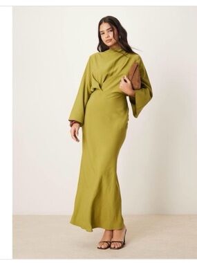 ASOS DESIGN Olive Green Long Sleeve Twist-Waist Maxi Dress